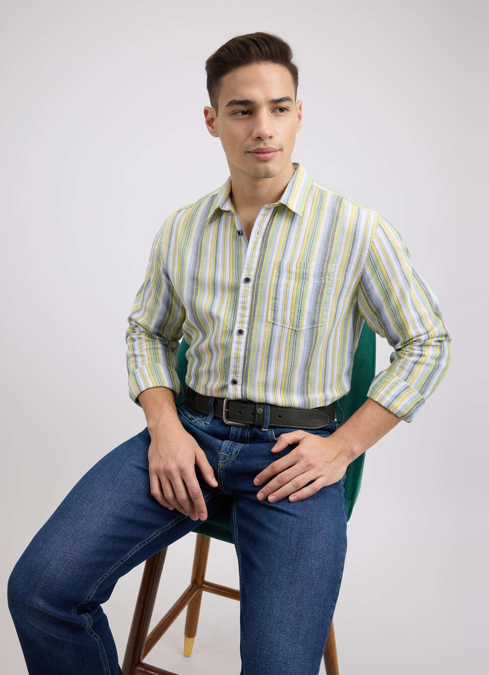 Men Green Stripe Full Sleeve Shirt, , large image number 0