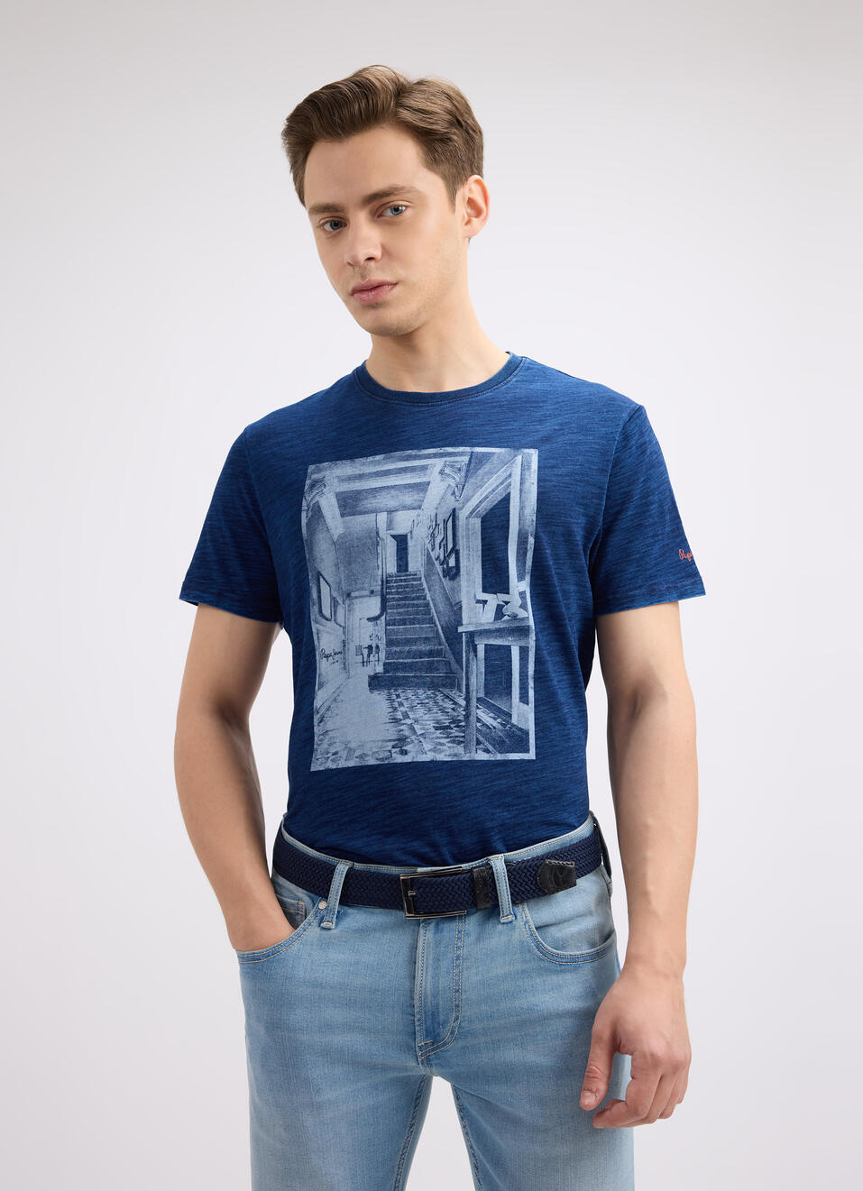 Men Indigo Photographic Print Short Sleeve T-shirt, , large image number 0
