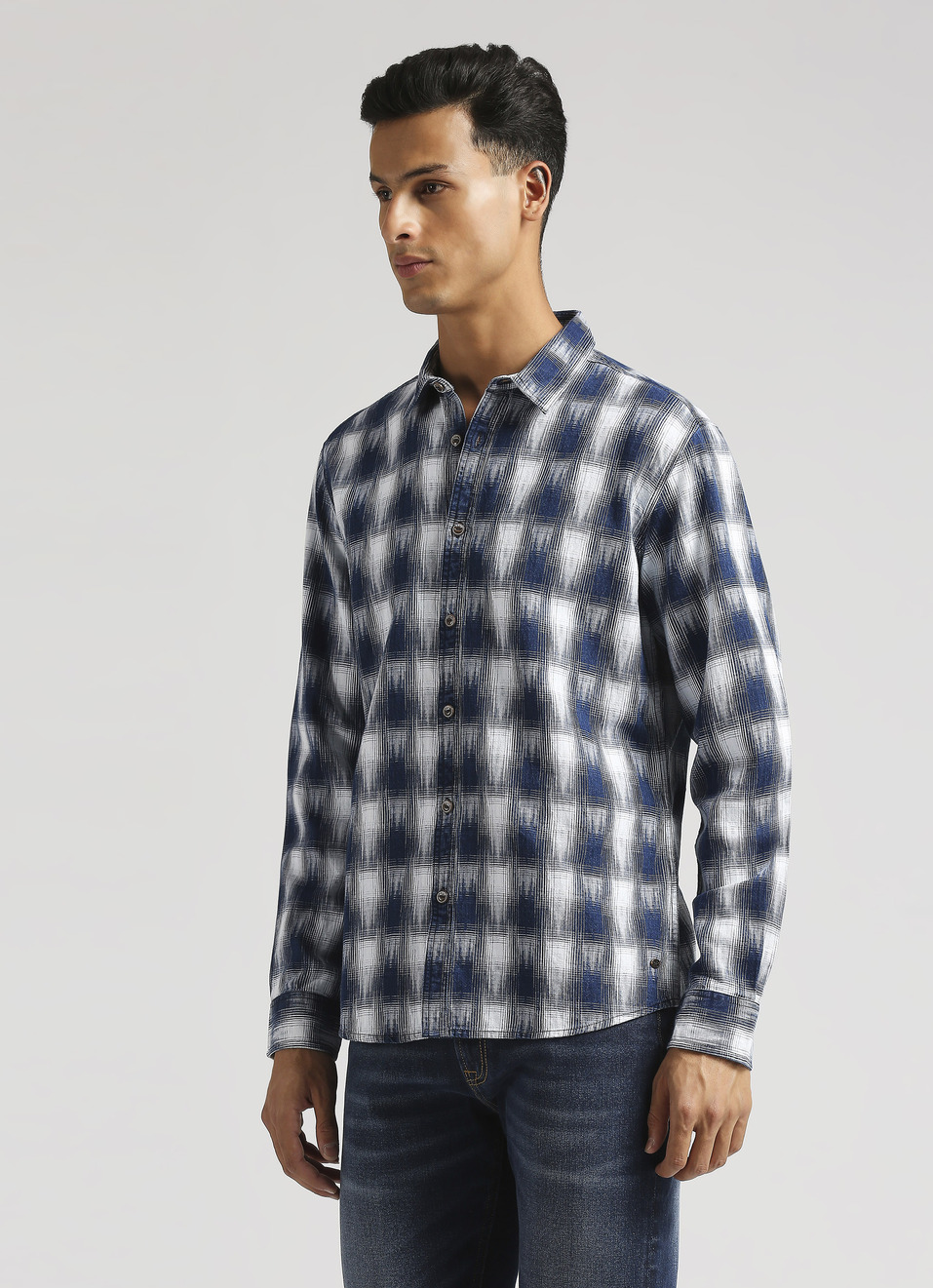 Yarn Dyed  Checks Indigo Long Sleeve Shirt, , large image number 3