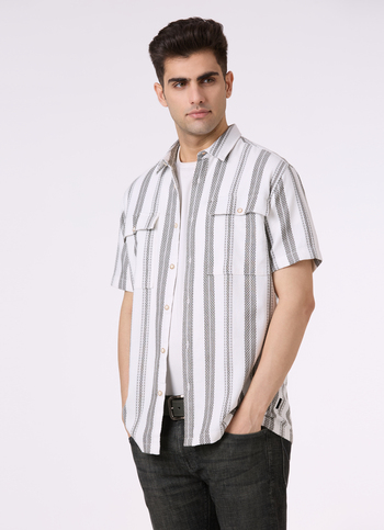 Men Olive Vertical Stripe Short Sleeve Shirt