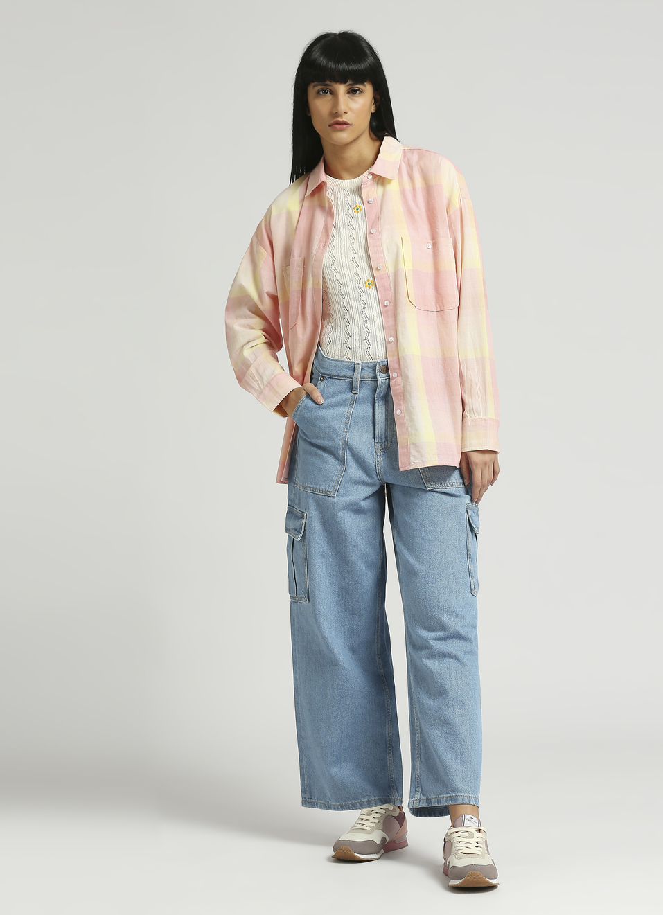 Pink Broad Checks Extended Shoulder Oversized Shirt, , large image number 5