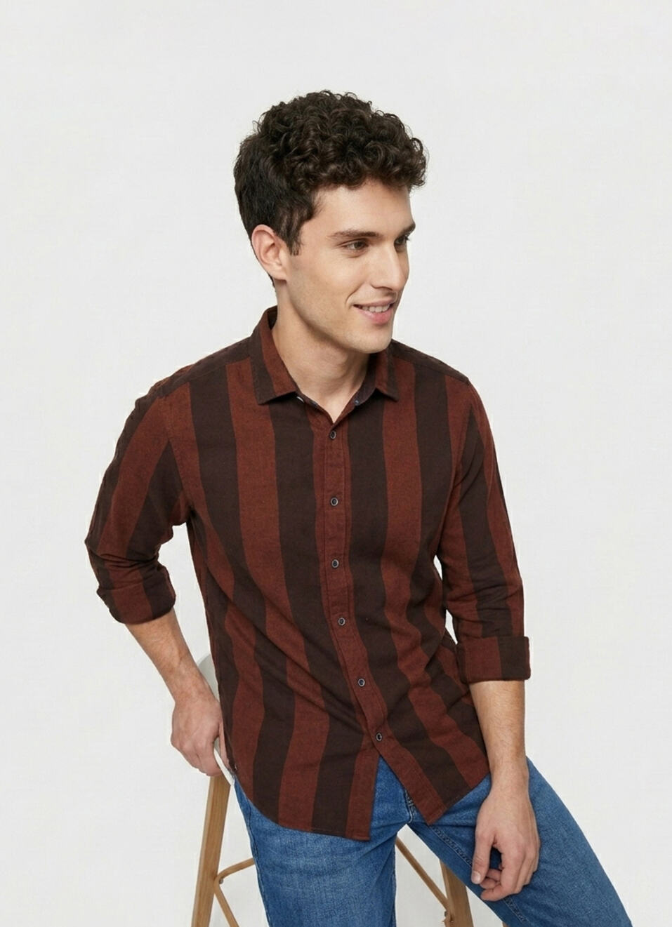 Men Wine Striped Brushed Long Sleeve Shirt, , large image number 0