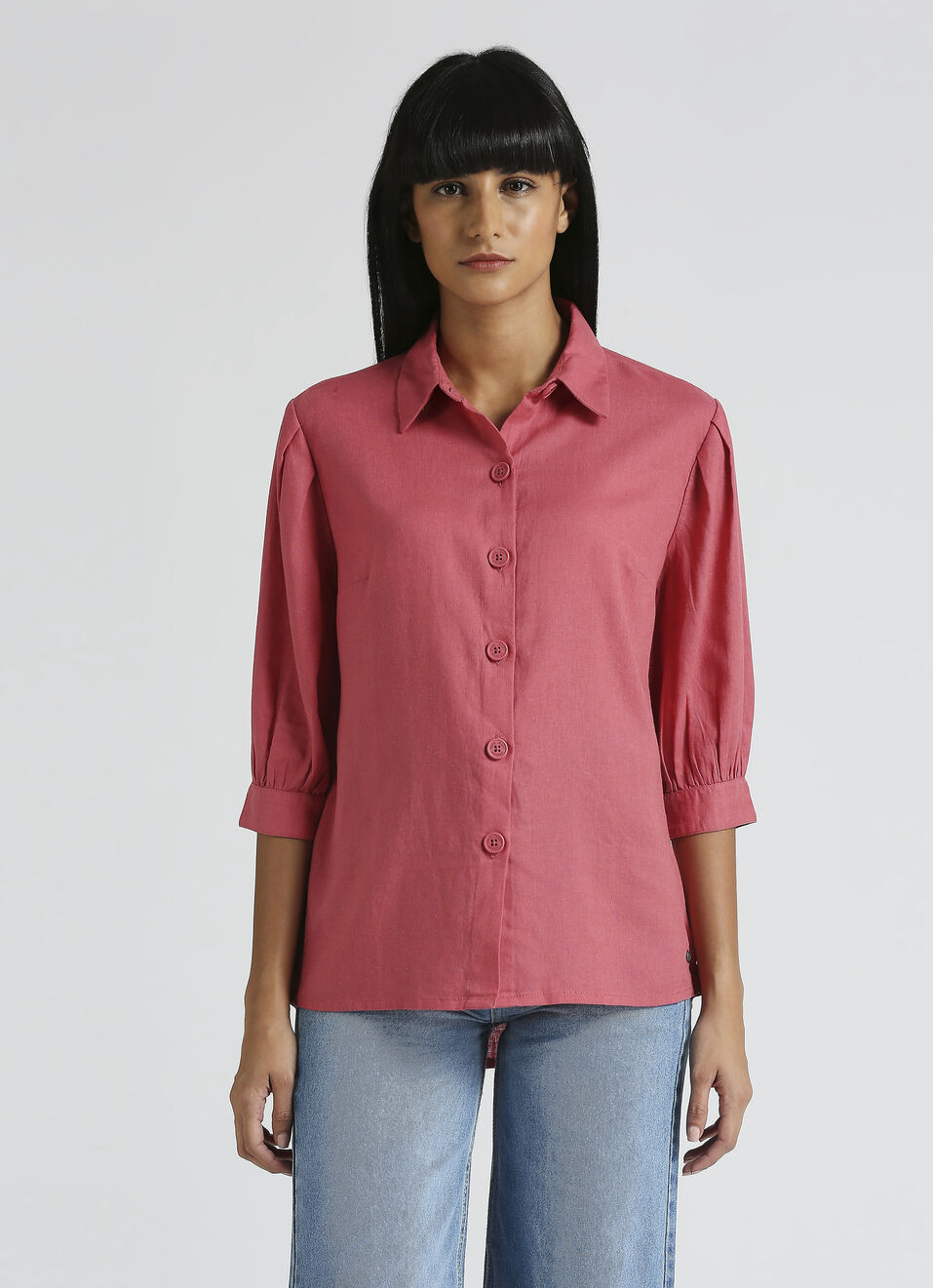 Pink Linen Puff Sleeve Shirt, , large image number 1