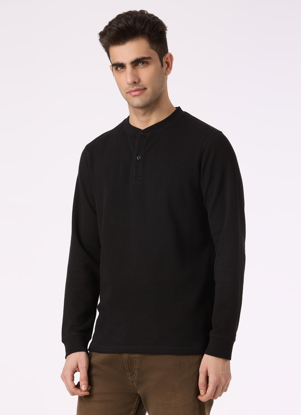 Men Black Waffle Knit Henley Neck Full Sleeve T-shirt, , large image number 3