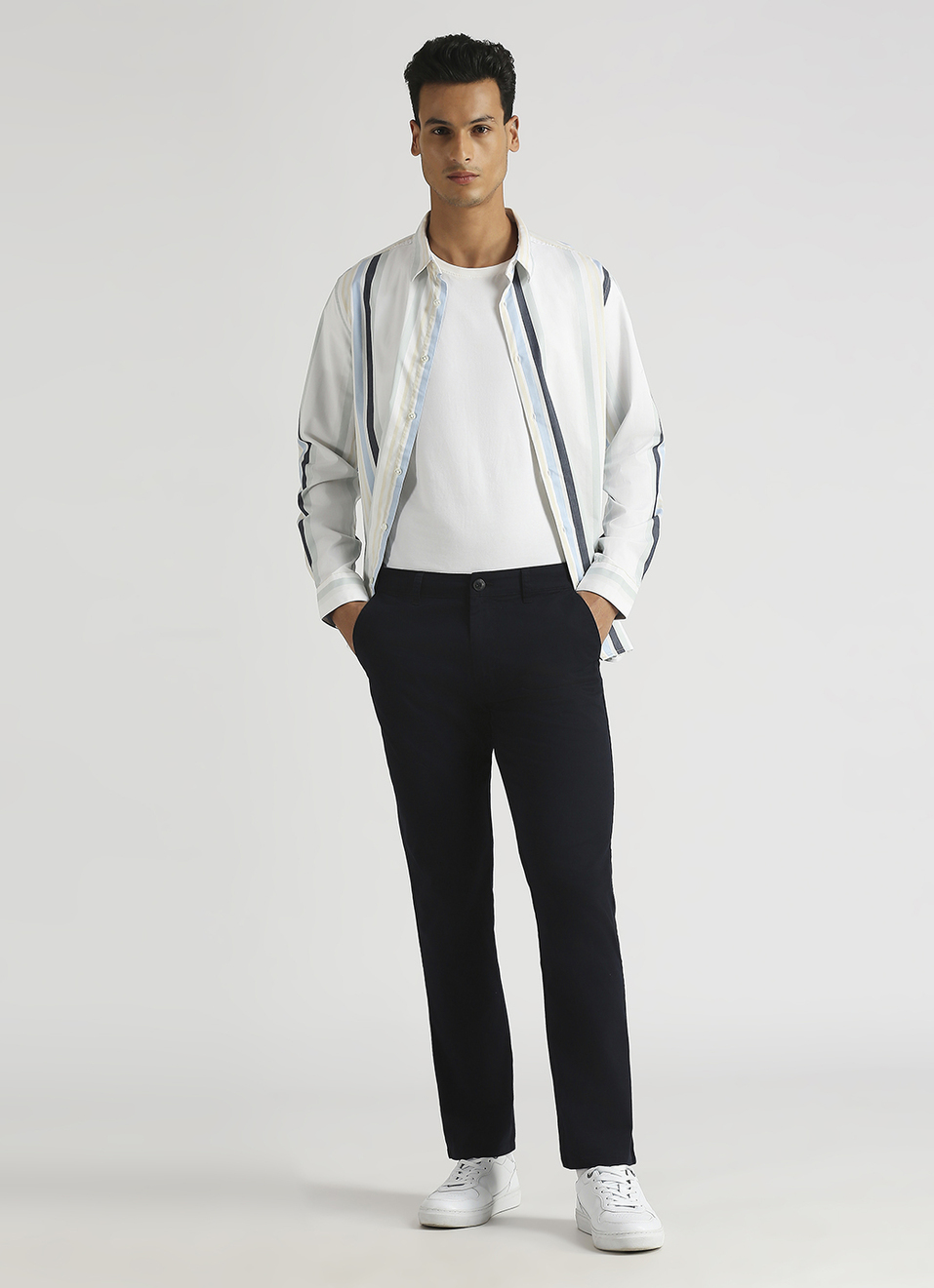 Men Navy Mid Rise Stretch Chinos, , large image number 1