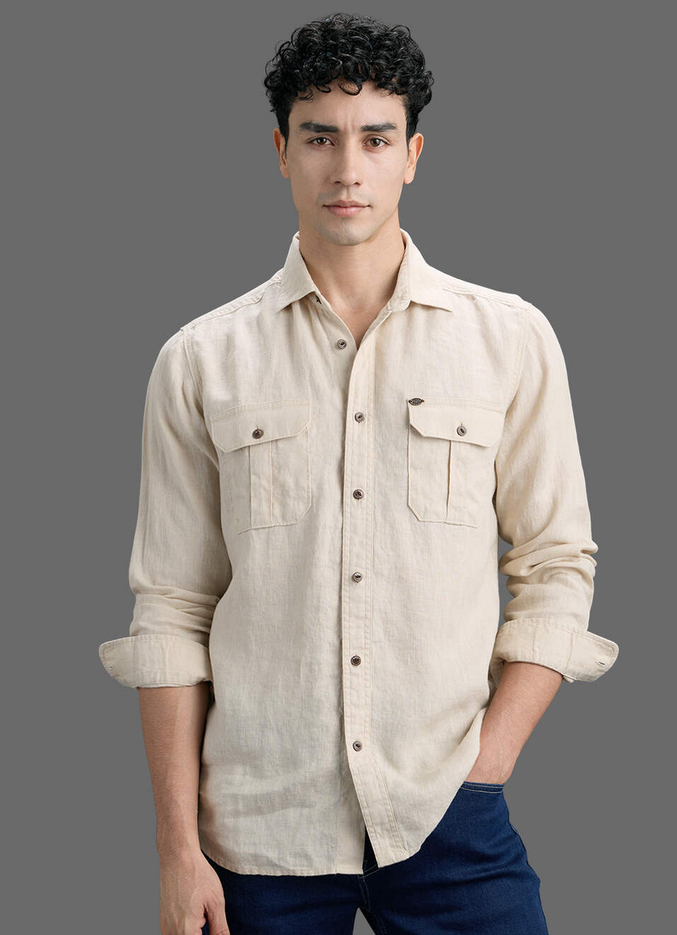 Men Beige Solid Pure Linen Safari Long Sleeve Shirt, , large image number 5