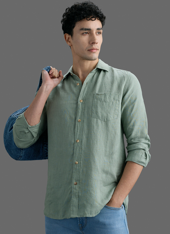 Men Light Green Solid Pure Linen Long Sleeve Shirt