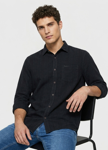 Men Grey Striped Dobby Long Sleeve Shirt