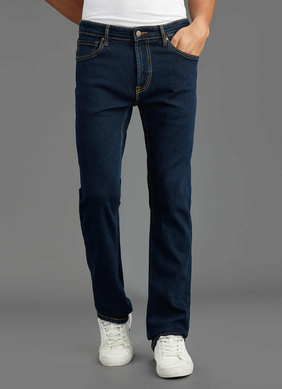 Men Navy Blue Mid Rise Straight Fit Jeans, , large image number 2