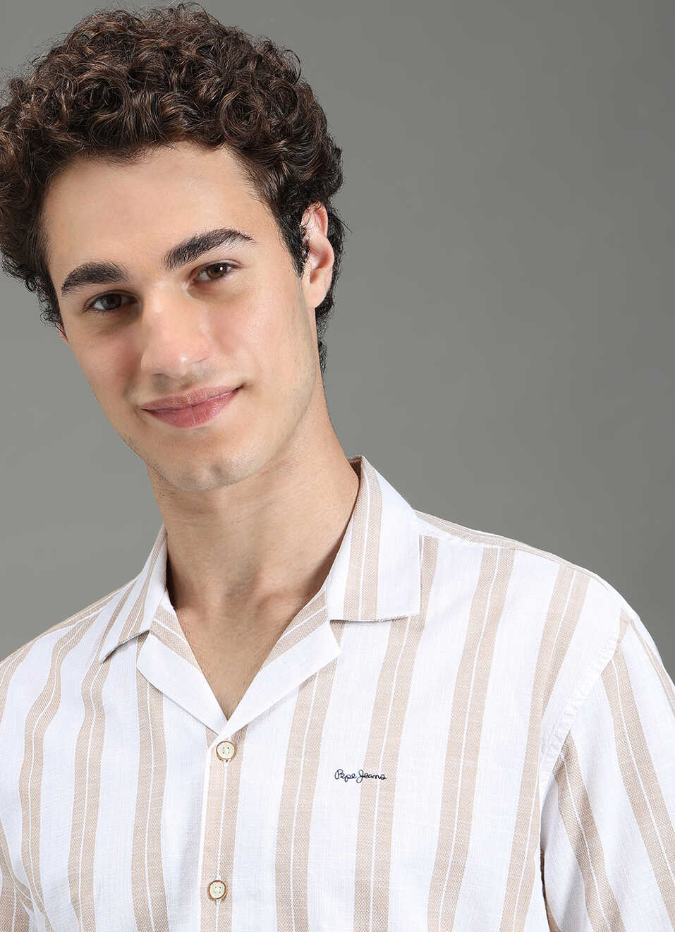 Men Beige Striped Resort Collar Shirt, , large image number 4