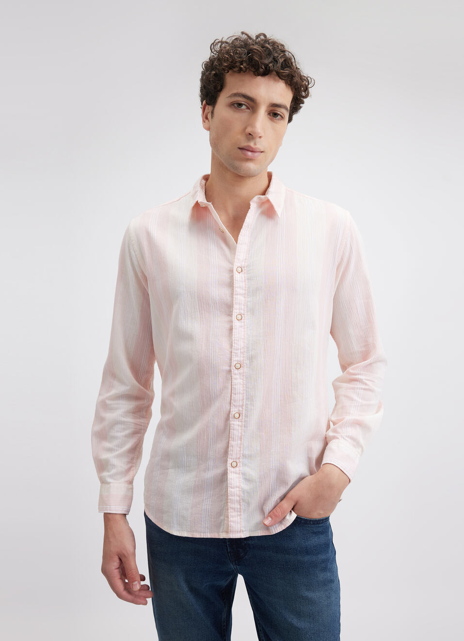 Men Peach  Vertical Stripe Full Sleeve Shirt, , large image number 1