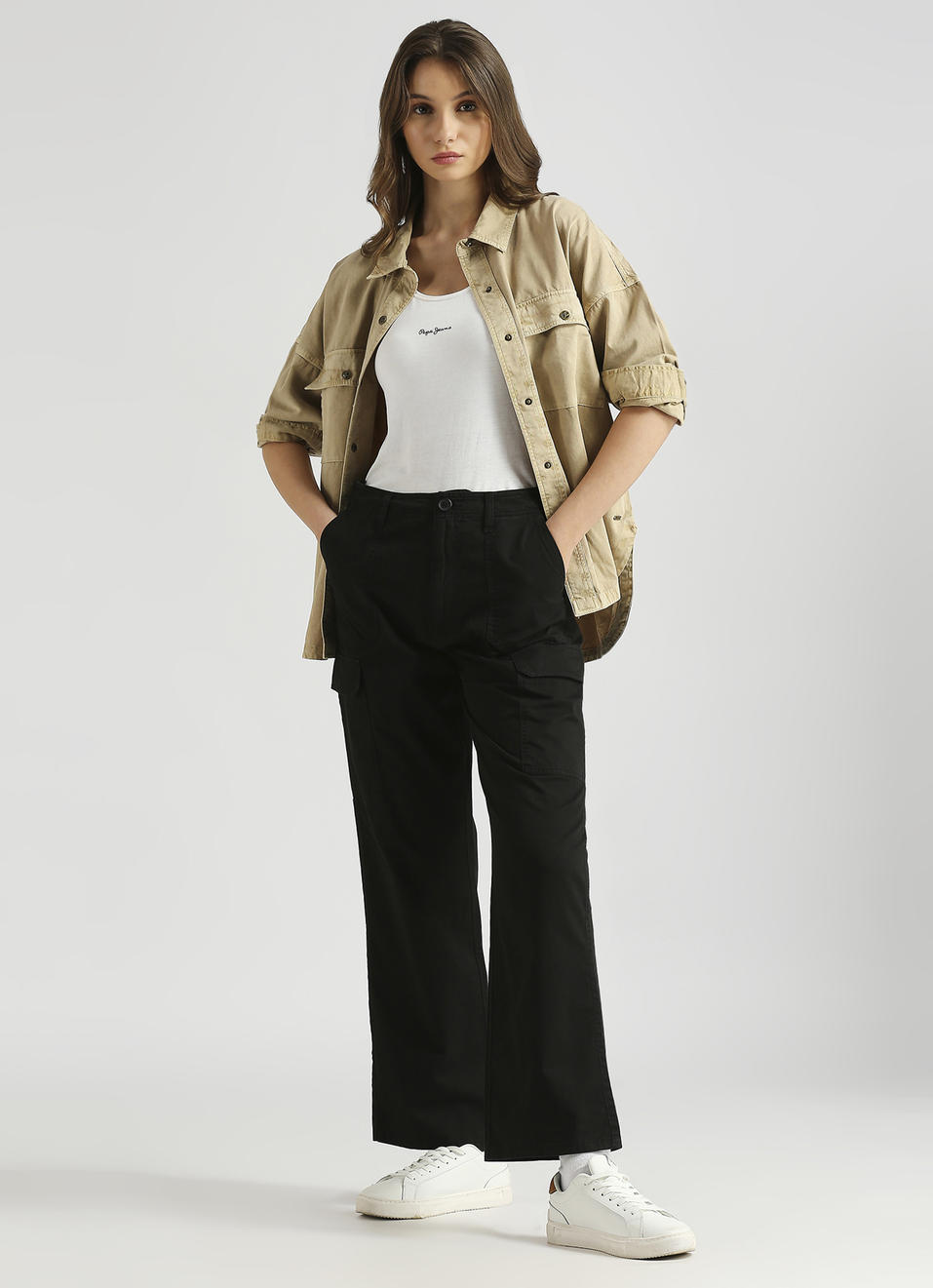 Black High Rise Straight Fit Cargo Pants, , large image number 0