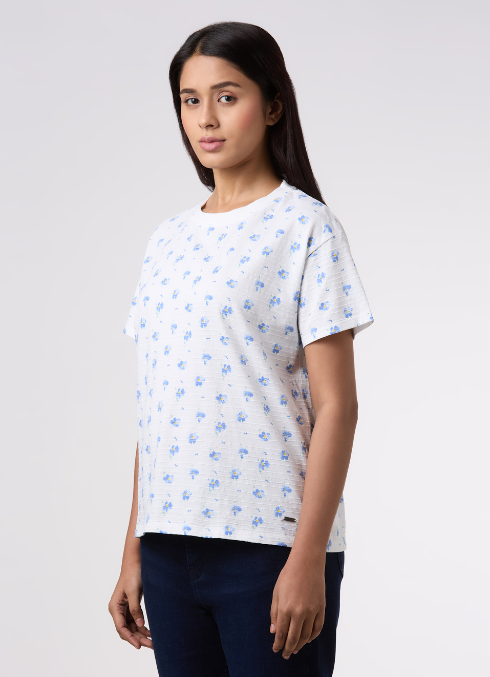 Women Blue Floral Print Comfort Fit T-shirt, , large image number 3