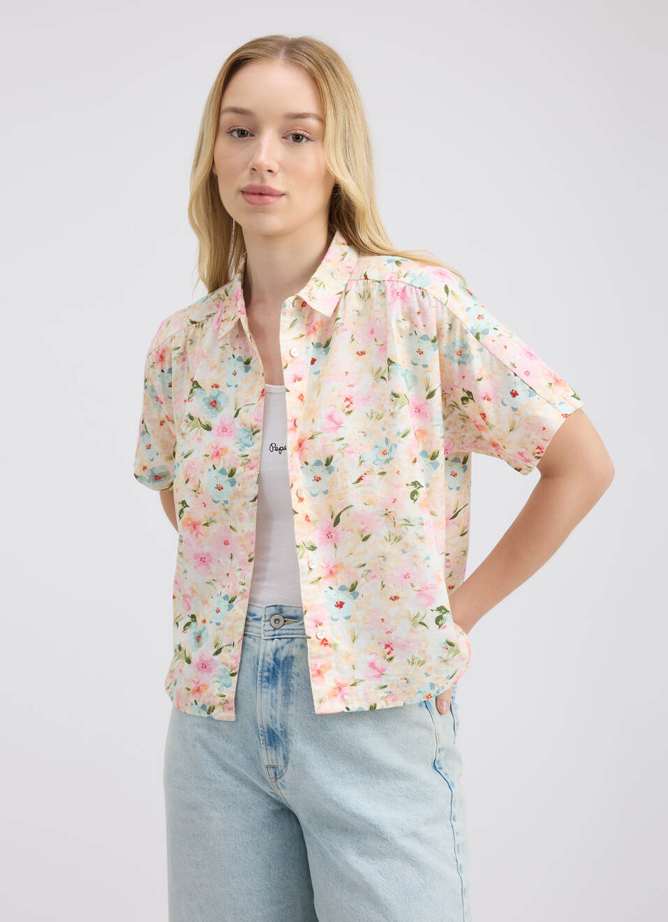 Women Beige Floral Print Short Sleeve Shirt, , large image number 0