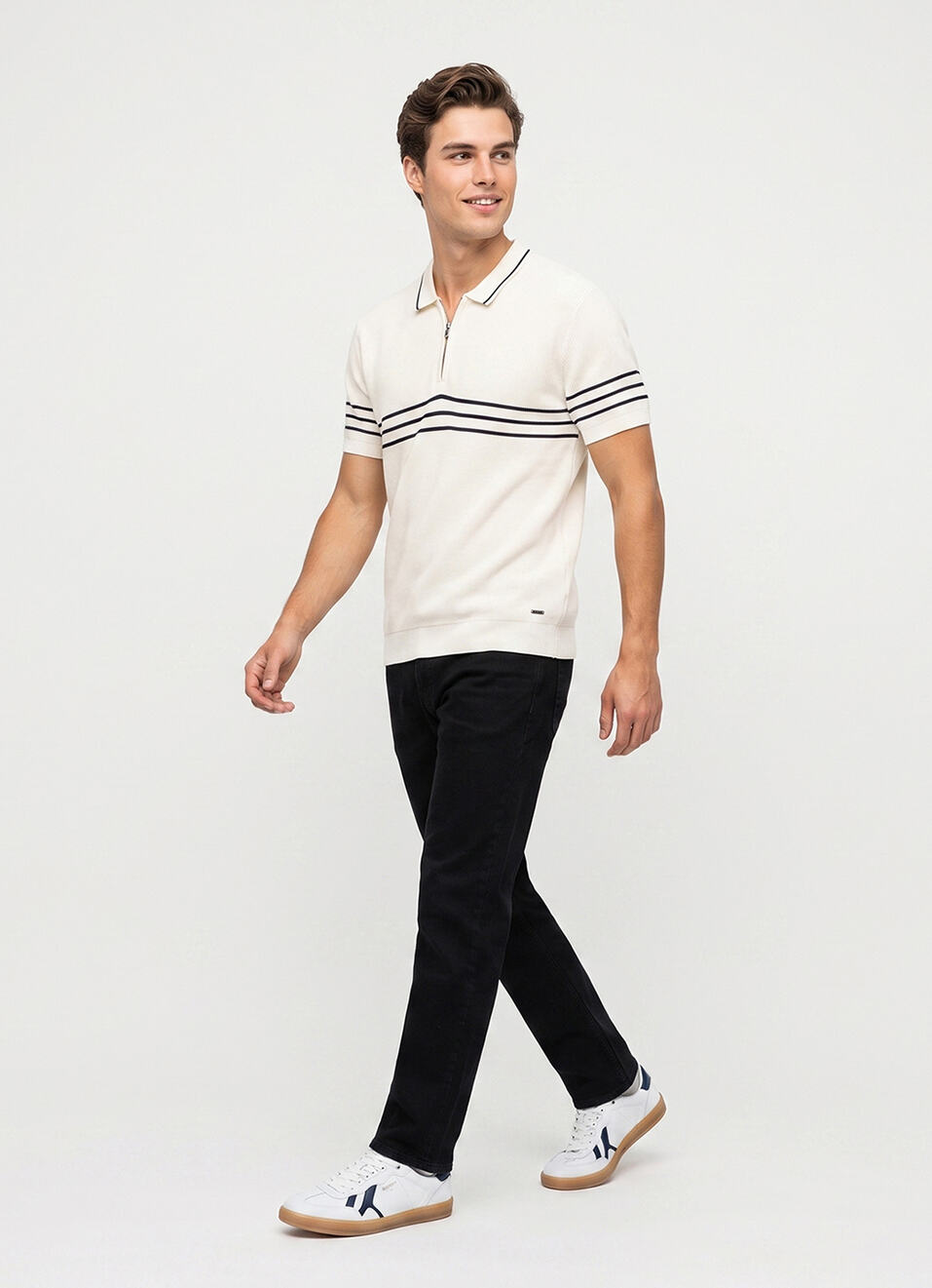 Men White Striped Flat Knit Polo Collar T-shirt, , large image number 5