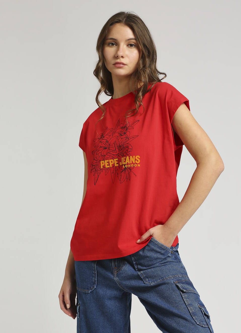 Red Oversized Graphic Print Extended Shoulder T-shirt, , large image number 0