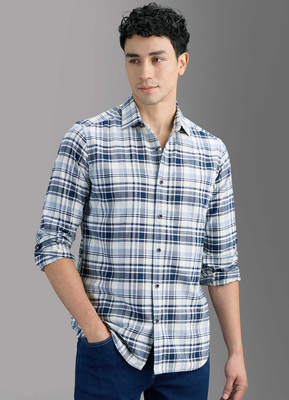 Men Blue Checked Shirt, , large image number 7