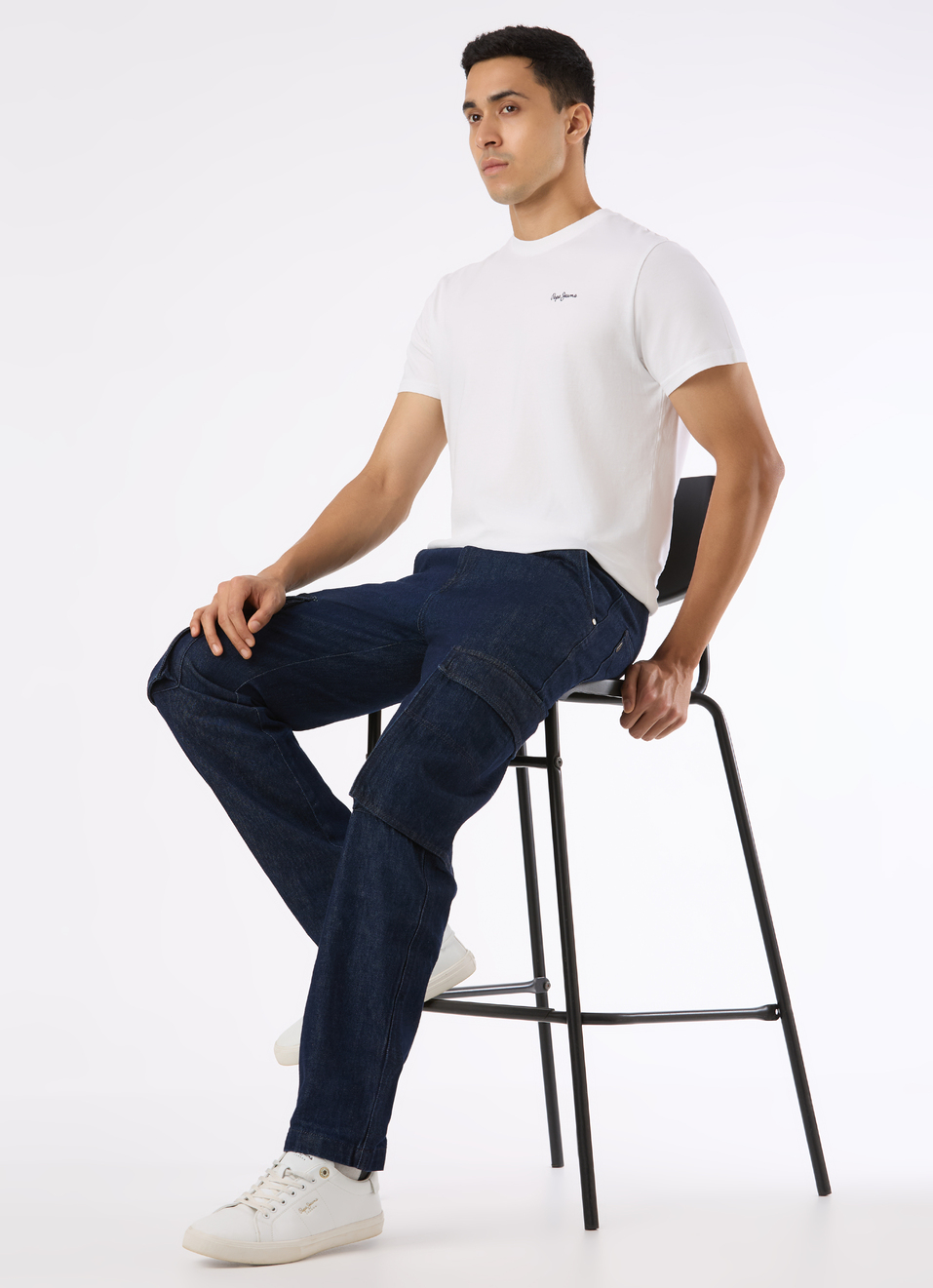 Men Dark Blue Mid Rise Straight Fit Cargo Denim, , large image number 0