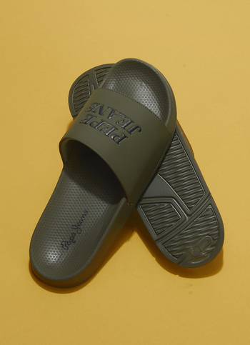 Men Olive Green Logo Print Anti Skid Sliders