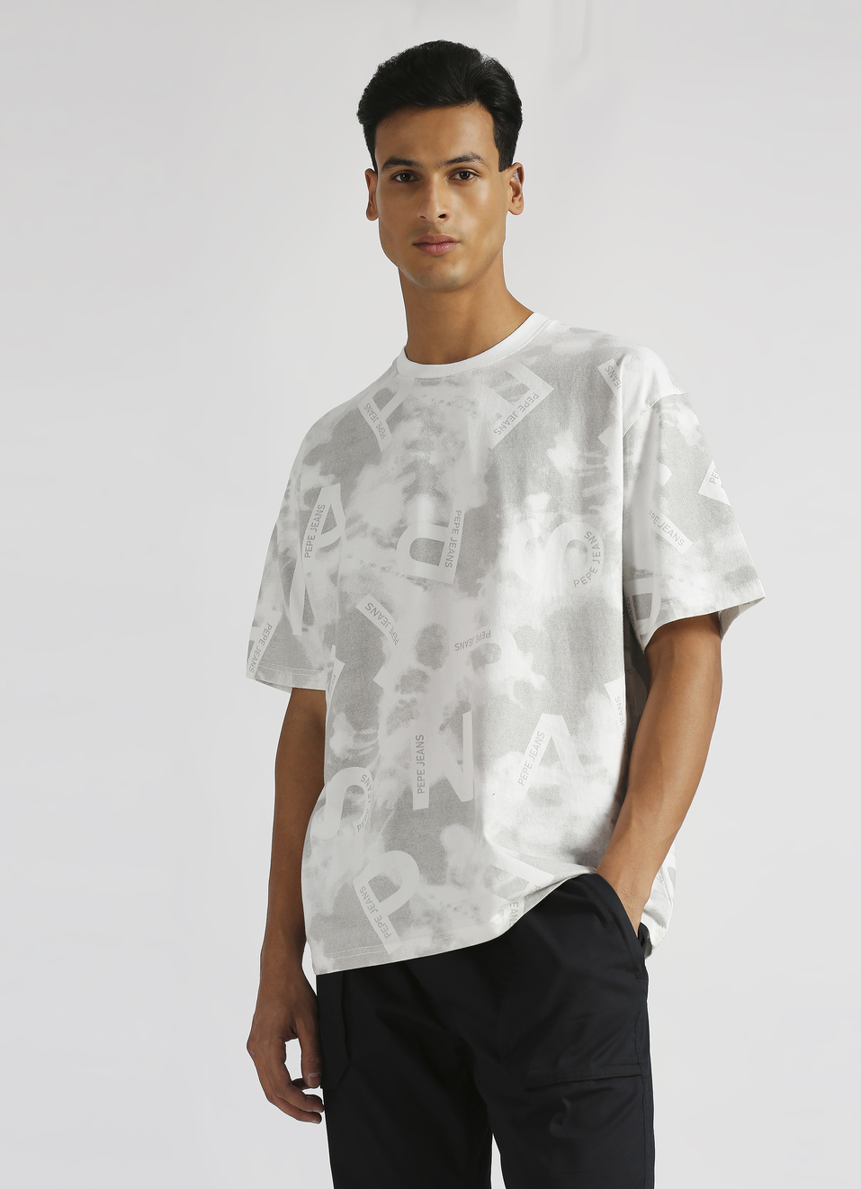 Light Grey Typographic Print Short Sleeve Oversized T-shirt, , large image number 0