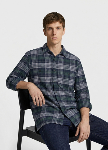 Men Navy Checked Brushed Long Sleeve Shirt