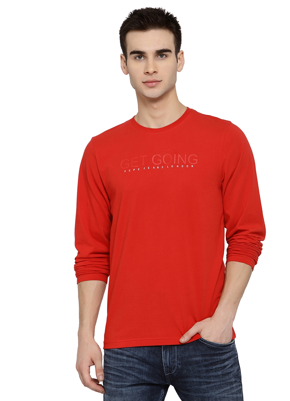 Twinstar Solid Round Neck Tees With Placement Print, , large image number 0