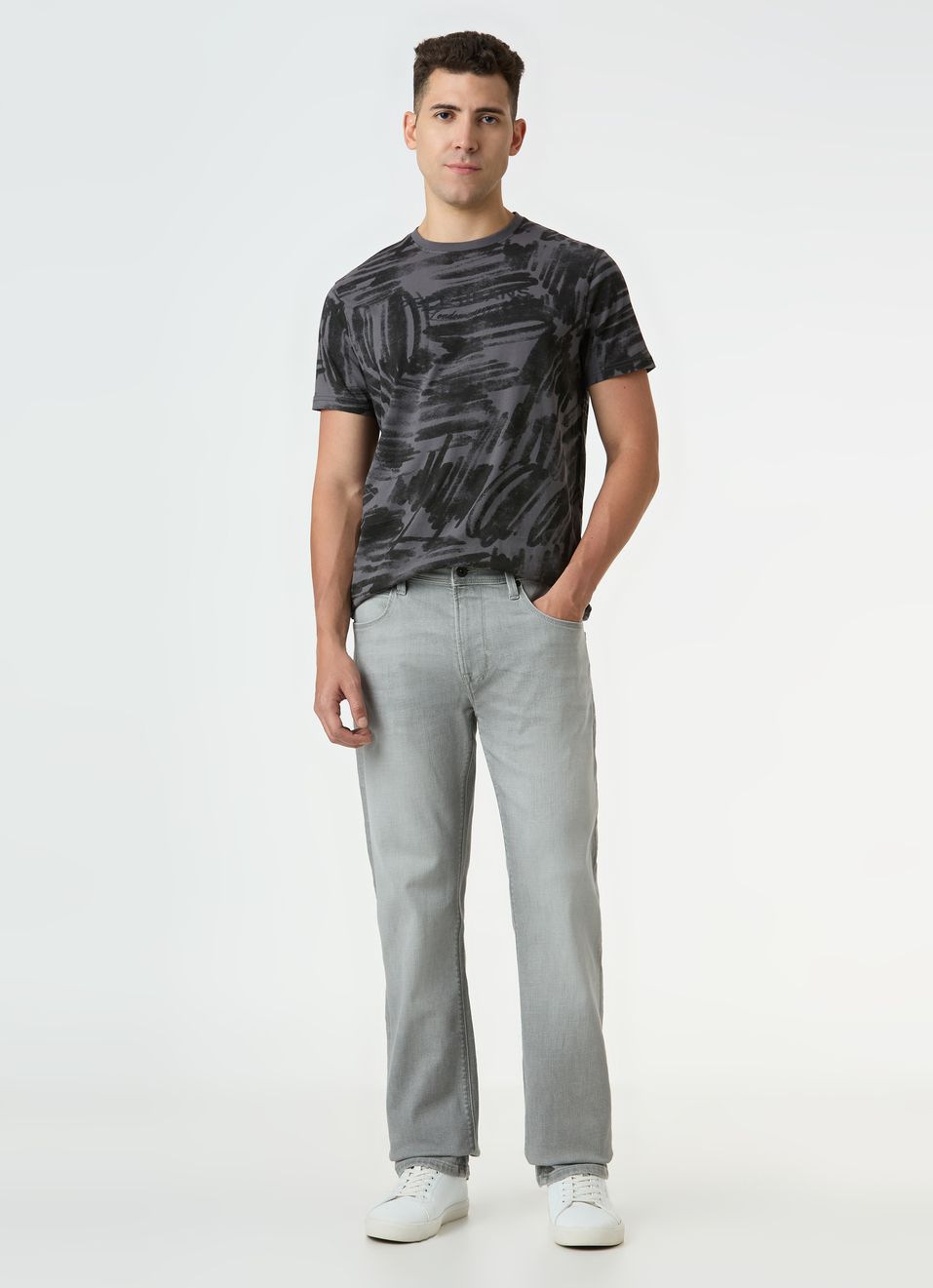 Men Grey Brushstroke Print Short Sleeve T-shirt, , large image number 5