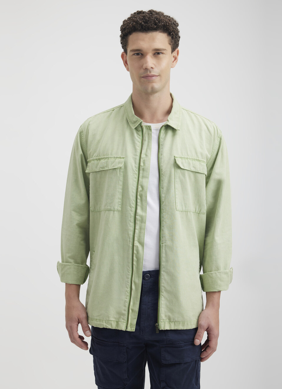 Men Green Overdyed Oversized Zipper Shirt, , large image number 1