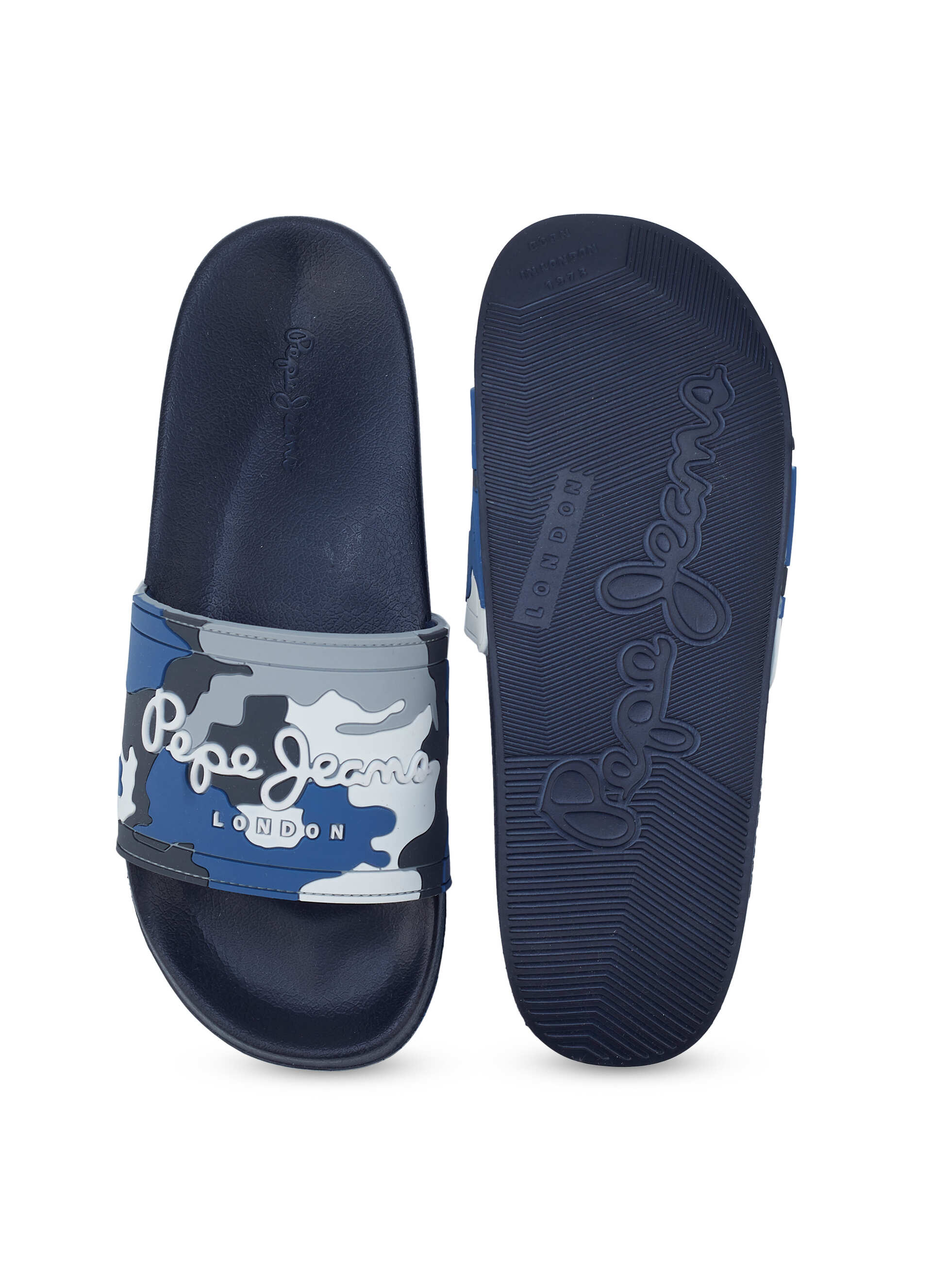 Men Blue Camouflage Slip On Slides, , large image number 4