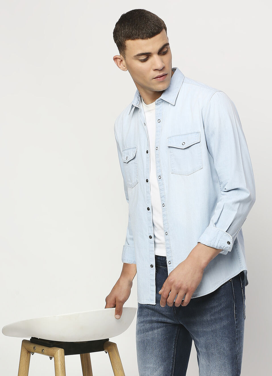 Ice Blue Double Pocket Long Sleeve Denim Shirt, , large image number 0