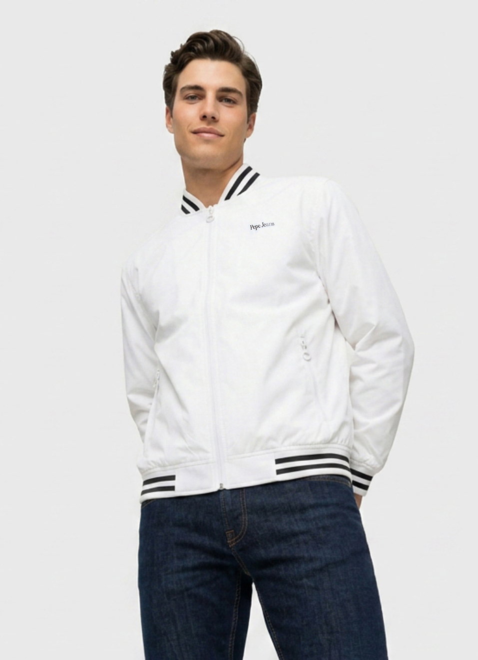 Men White Solid Baseball Collar Long Sleeve Jacket, , large image number 1
