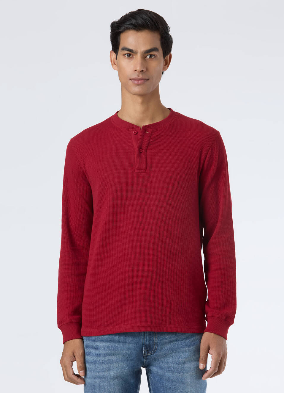 Men Ecru Waffle Knit Henley Neck Full Sleeve T-shirt, , large image number 1