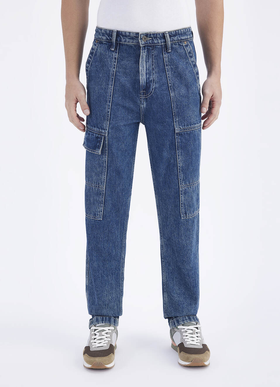 Men Blue Straight Fit Mid Rise Cargo Jeans, , large image number 6