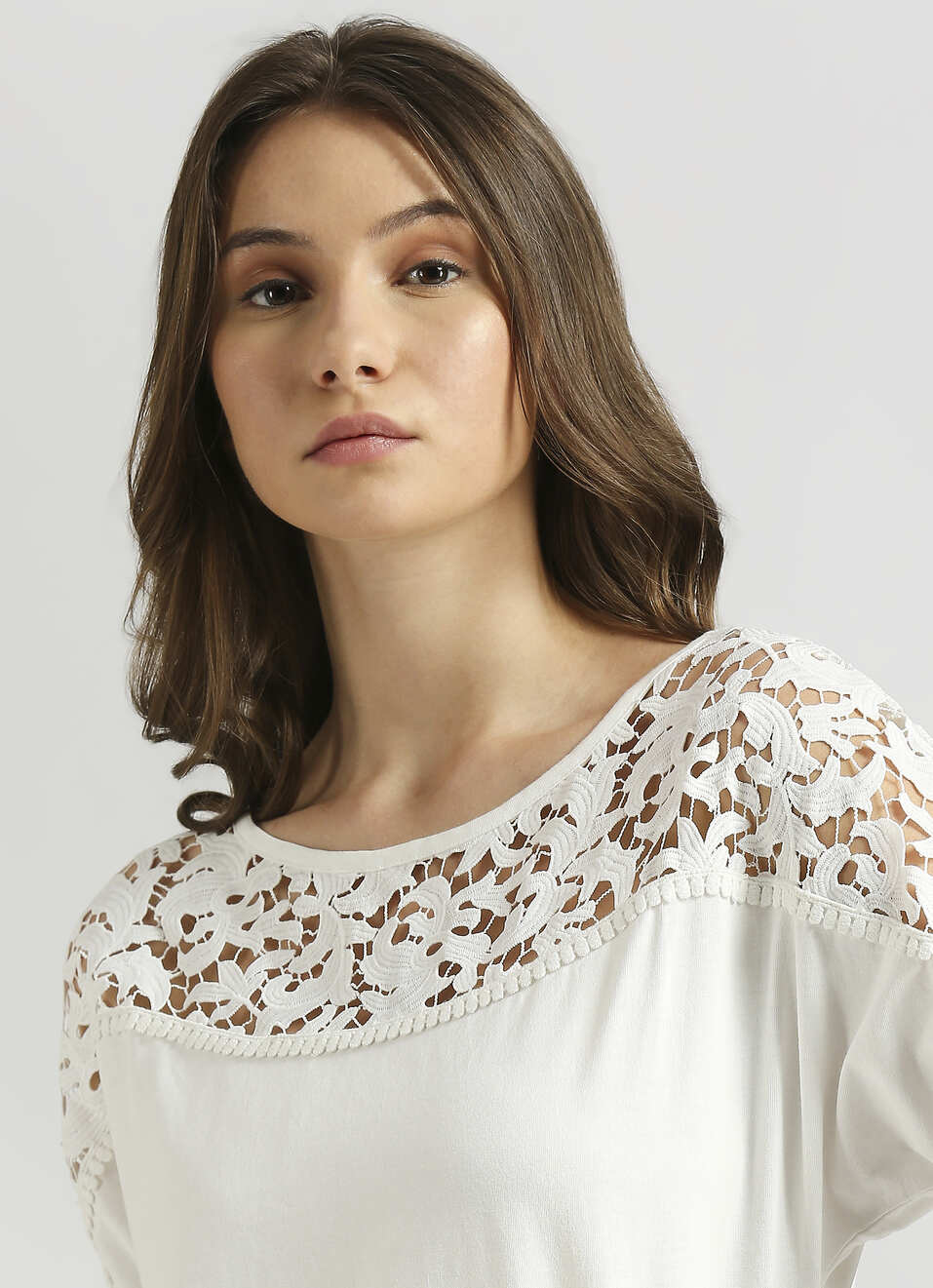 White Lace Detail Extended Shoulder Top, , large image number 4