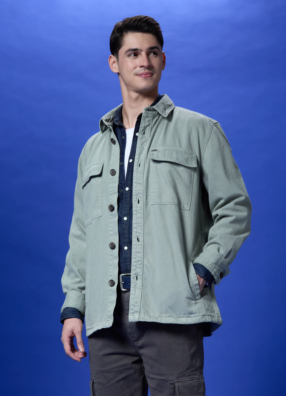 Green Oversized Full-sleeve Denim Shirt, , large image number 0