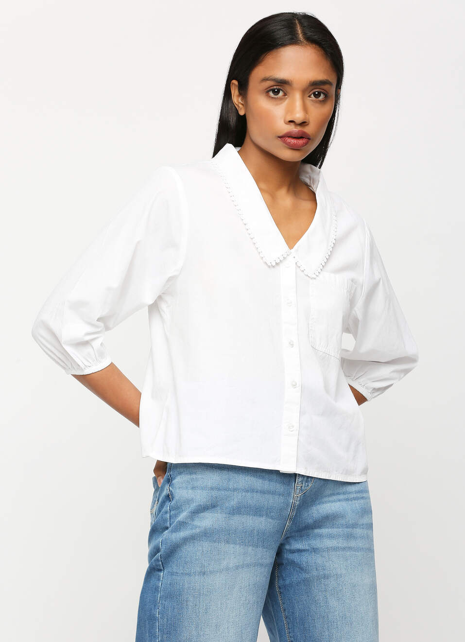 White Chelsea Collar Puff Sleeve Shirt, , large image number 5