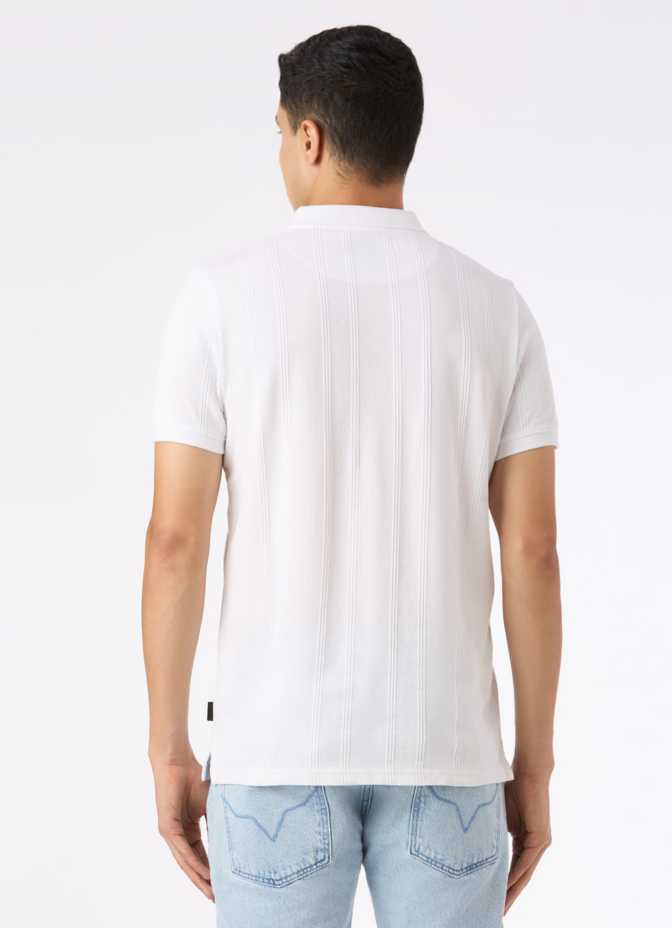 Men White Striped Polo Collar T-shirt, , large image number 2