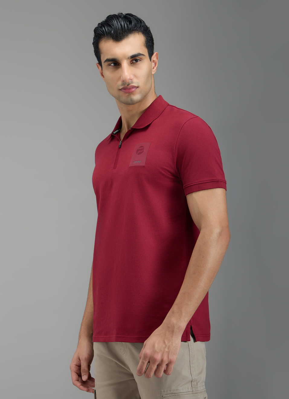 Men Red Solid Half Zip Short Sleeve Polo, , large image number 3