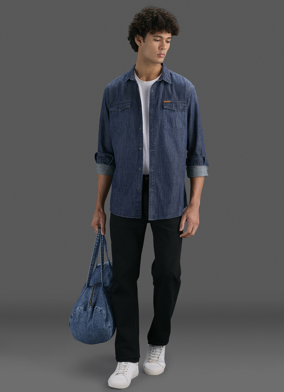 Men Dark Blue Long Sleeve Denim Shirt, , large image number 2