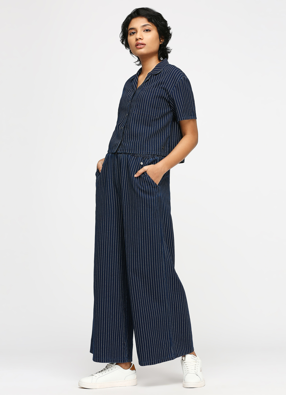 Dark Blue Striped High Waist Wide Leg Pants, , large image number 5