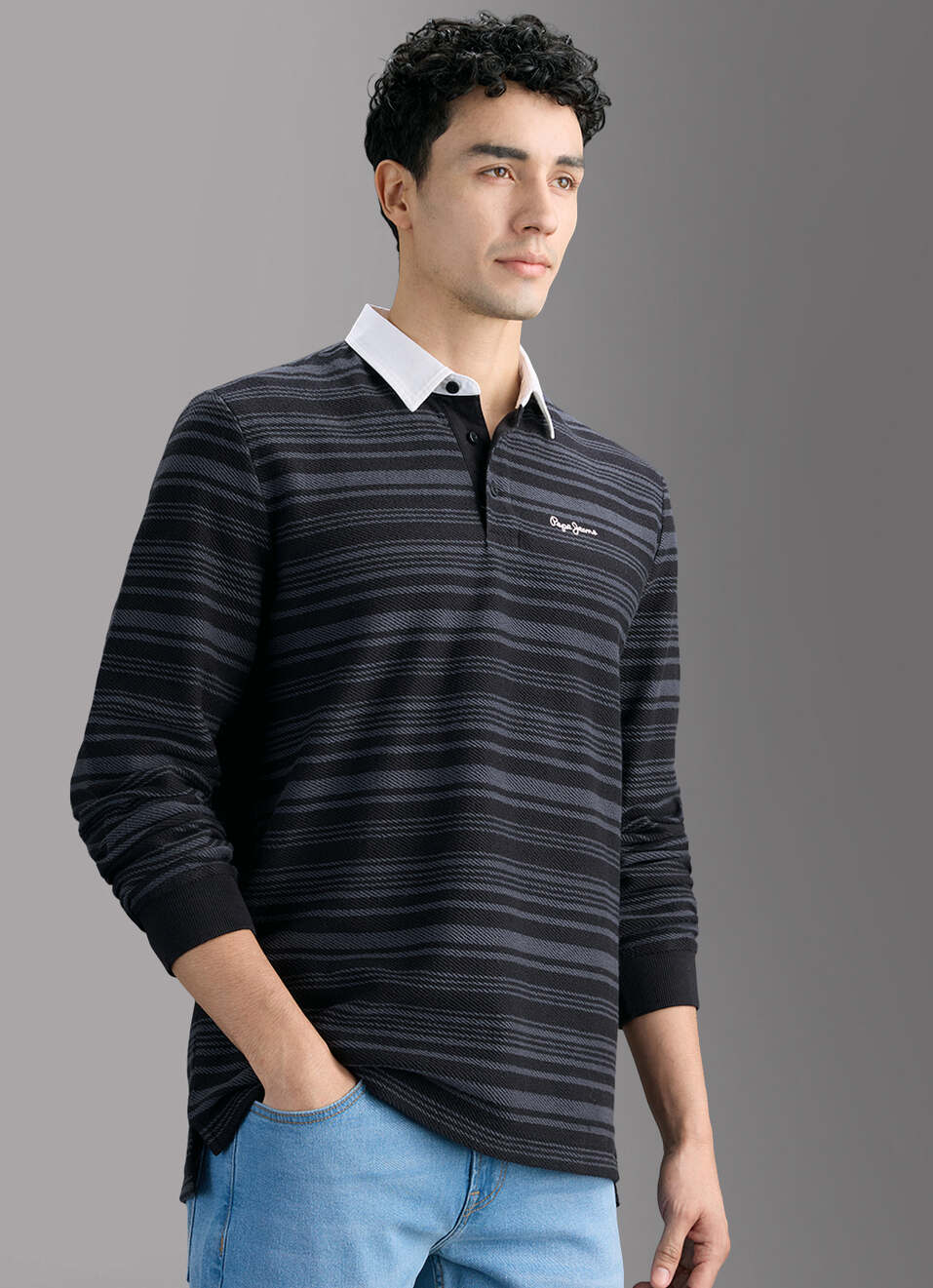 Men Black Striped Rugby Polo T-shirt, , large image number 7