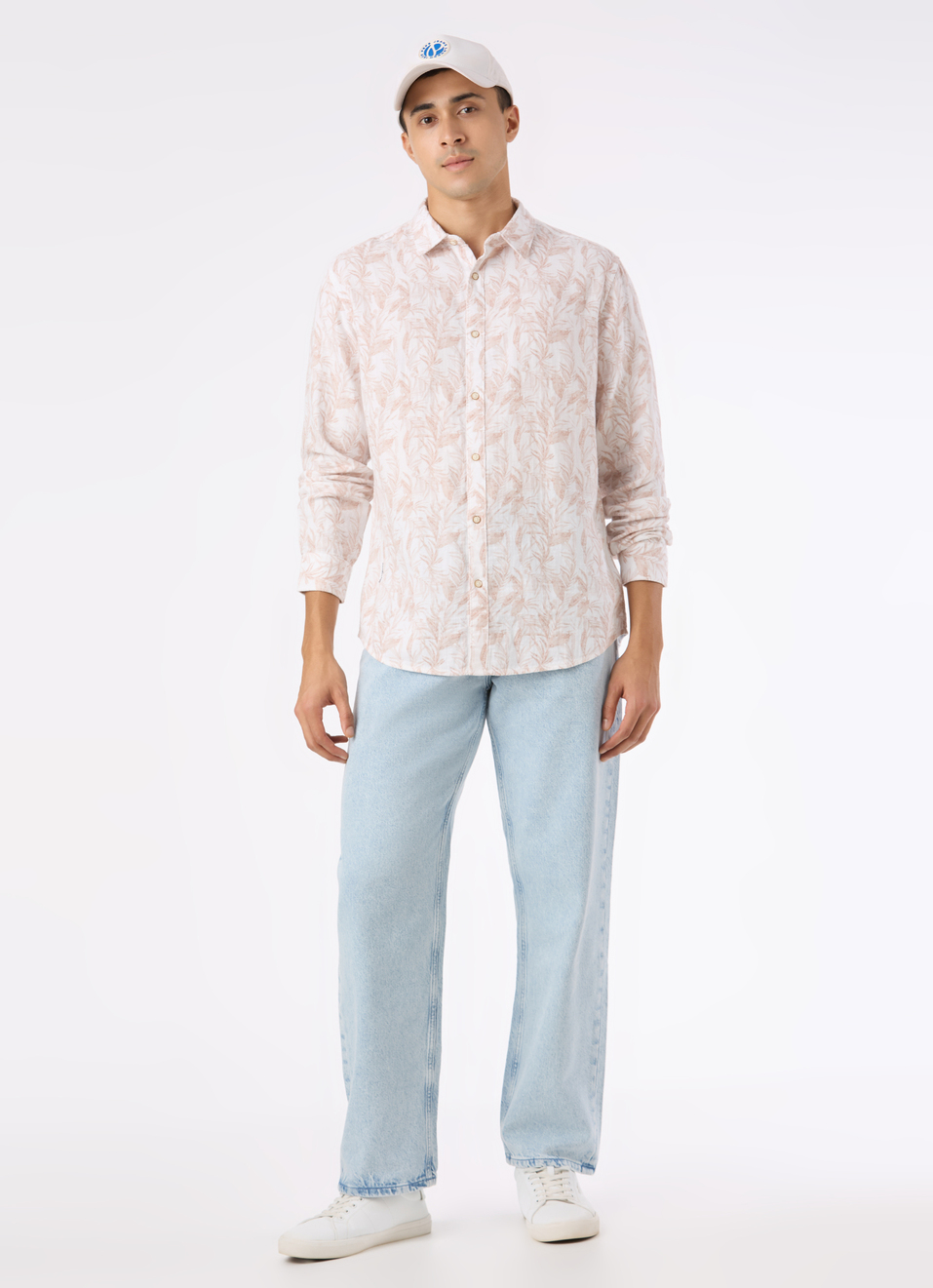 Men Peach Botanical Leaf Print Full Sleeve Shirt, , large image number 5