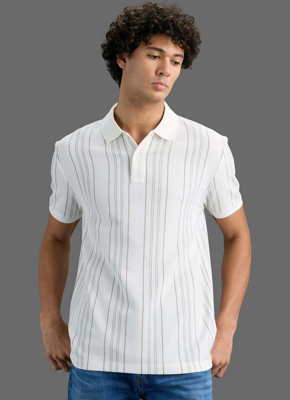 Men White Striped Polo T-shirt, , large image number 0