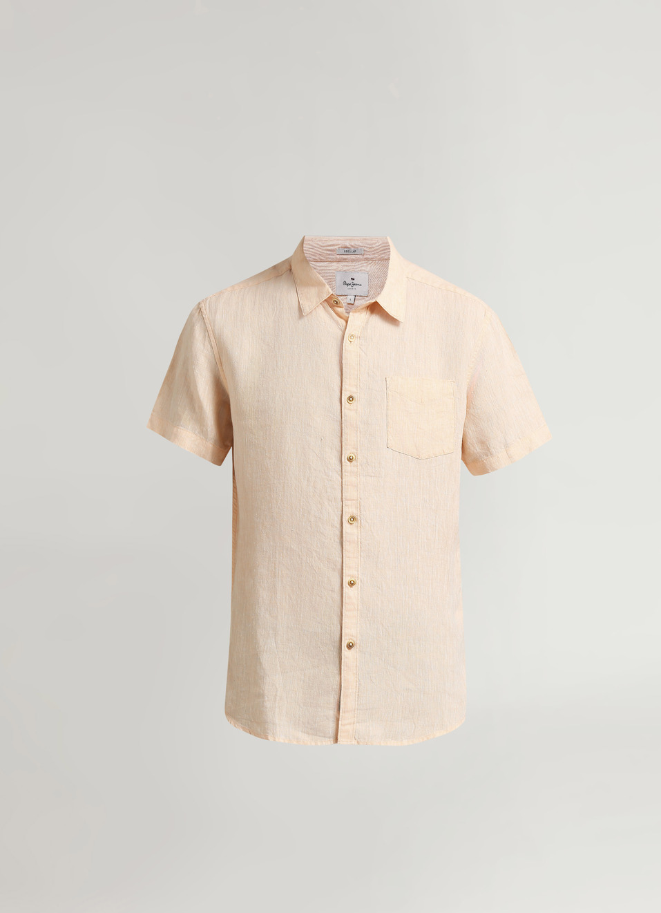 Peach Solid Single Pocket Chambray Linen Short Sleeve Shirt, , large image number 6