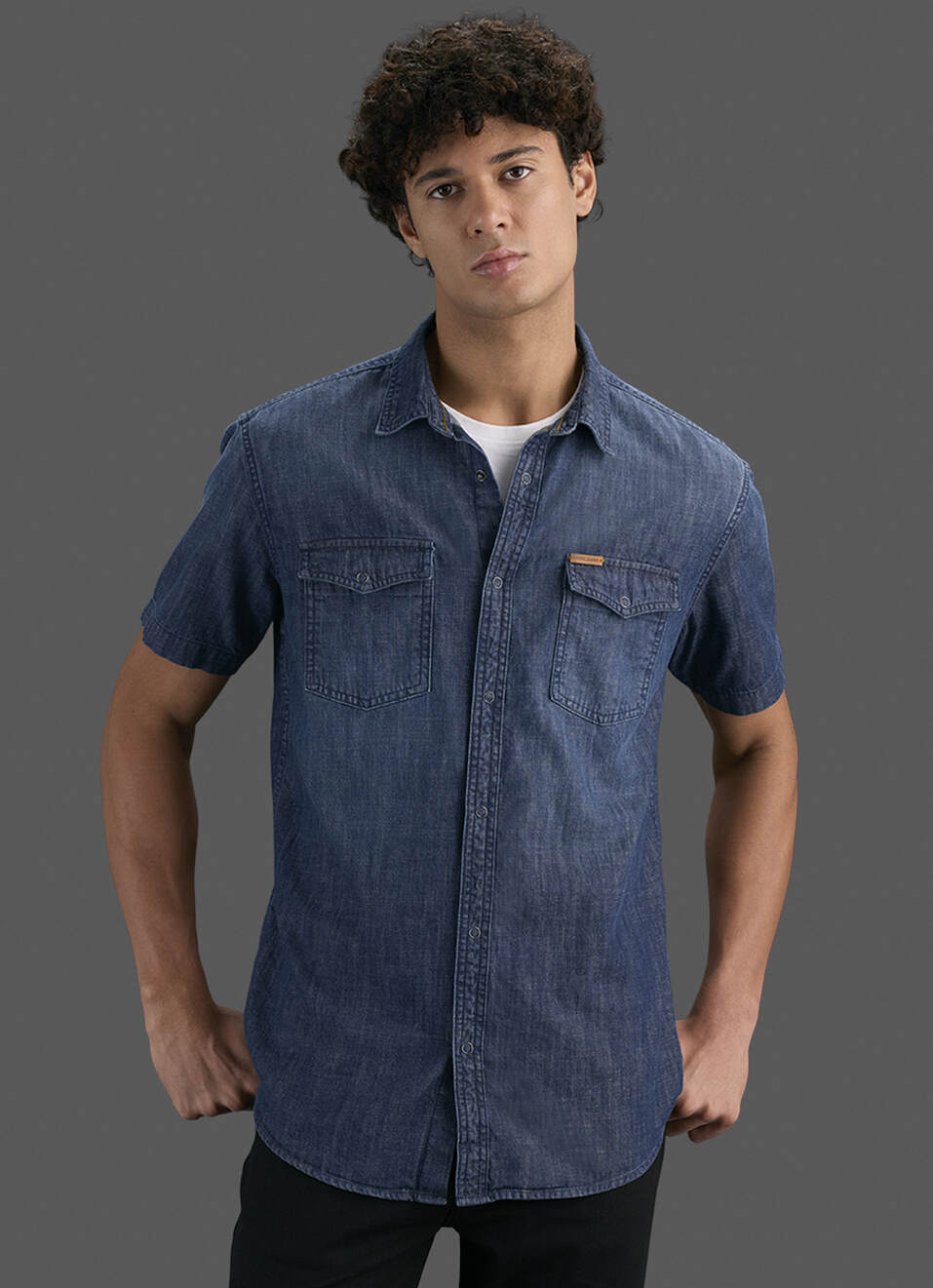Men Dark Blue Short Sleeve Denim Shirt, , large image number 5