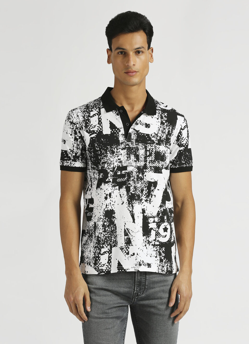 Black Typographic Print Stretch Short Sleeve Polo , , large image number 1