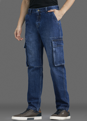 Men Blue Straight Fit Mid Rise Cargo Jeans