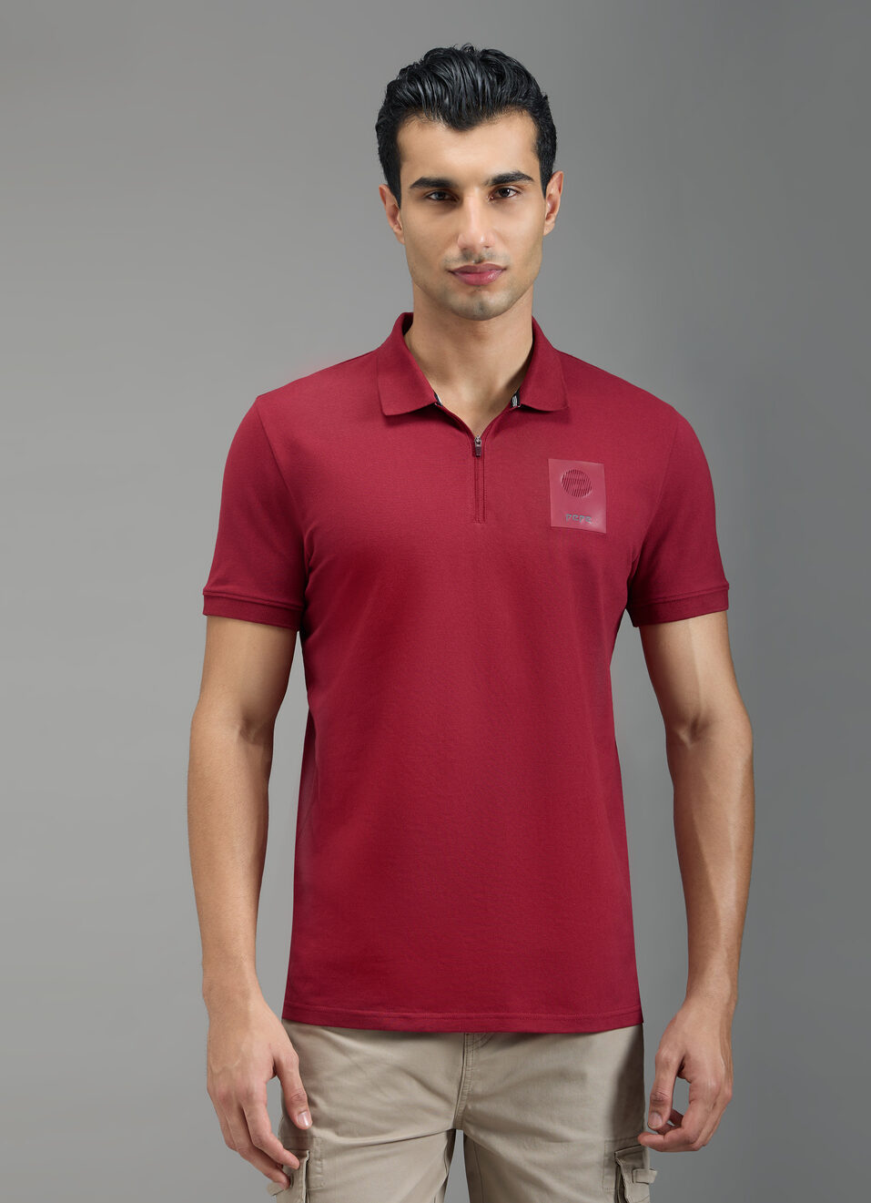 Men Red Solid Half Zip Short Sleeve Polo, , large image number 1