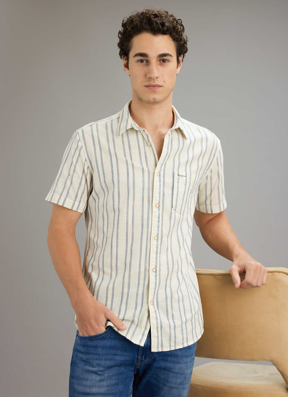 Men White Striped Shirt, , large image number 0