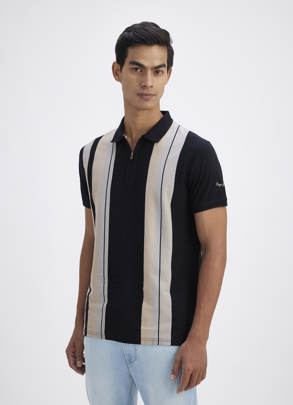 Men Black All Over Stripe Short Sleeve Polo, , large image number 3